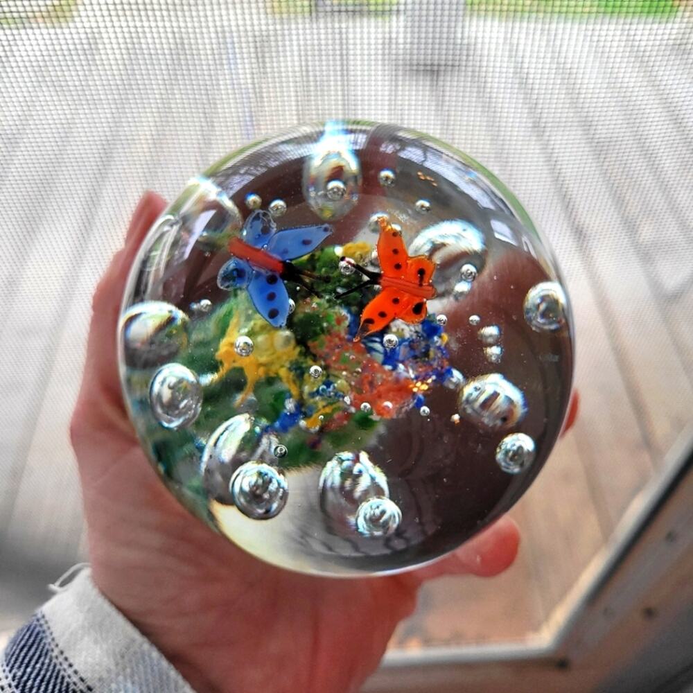 Beautiful Glass Butterfly Paperweight Abstract Art Glass Controlled Bubbles
